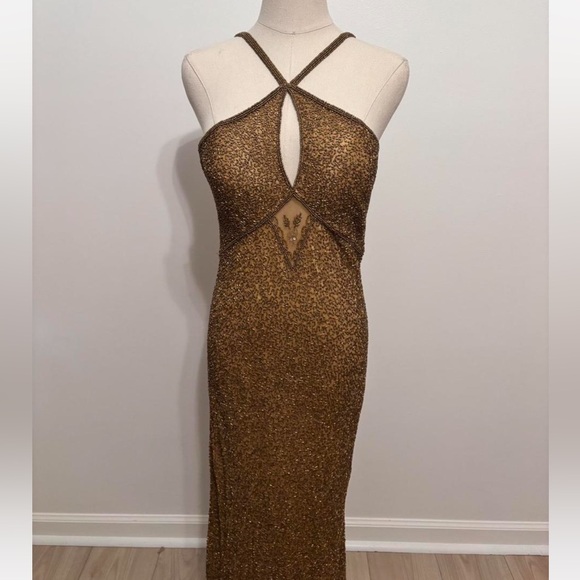 Vintage 100% Silk Beaded Dress Gold Beaded Dress Train Sheer Silk Fairy Prom - Picture 10 of 17